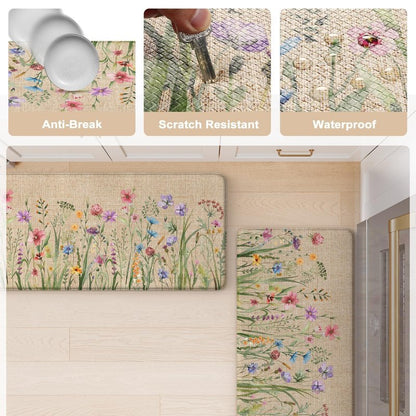 KIMODE Kitchen Anti Fatigue Mats, Farmhouse Flower Kitchen Rugs Sets of 2, Memory Foam Kitchen Mats for Floor, Waterproof Non Skid Standing Mats for Sink Laundry Office Desk Brown 20"x71"+20"x32"