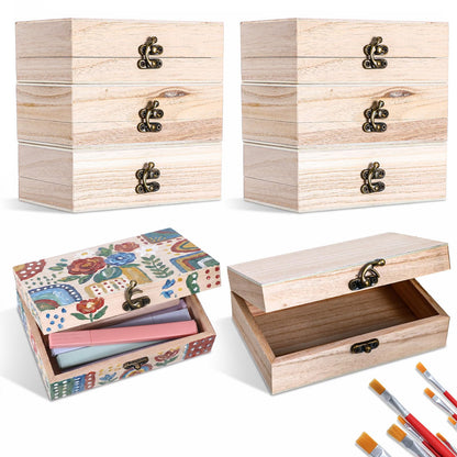 8 Pack Unfinished Wooden Boxes for Crafts, 6 x 4 x 2 Inch Small Wood Box with Hinged Lid, Small Keepsake Box Treasure Chest Wooden Jewelry Box for Jewelry DIY Crafts Storage