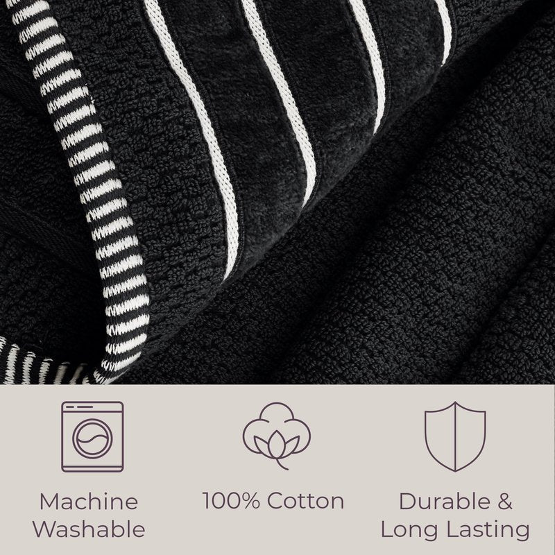 Luxury Cotton Towel Set - Rice Weave 100% Egyptian Cotton 6 Piece Set with 2 Bath Towels, 2 Hand Towels and 2 Washcloths - Black