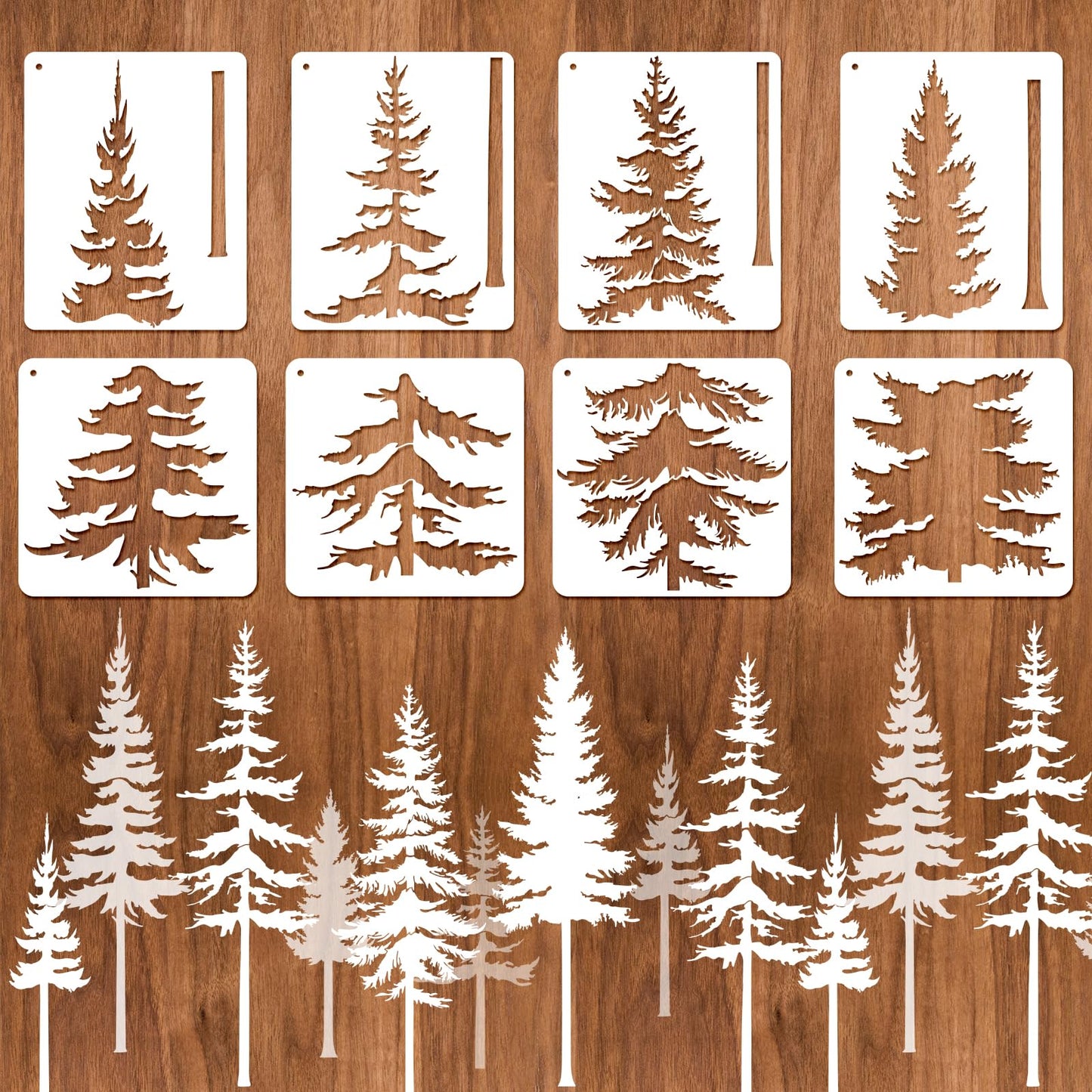 EVERJOYCRAFT 8pcs Large Pine Tree Stencils 4 Styles Reusable Tree Wall Stencils 32.5'' - 34'' Tall Forest Mural Drawing Templates for Wall DIY Art Crafts Painting Garden Wood Fence Tile