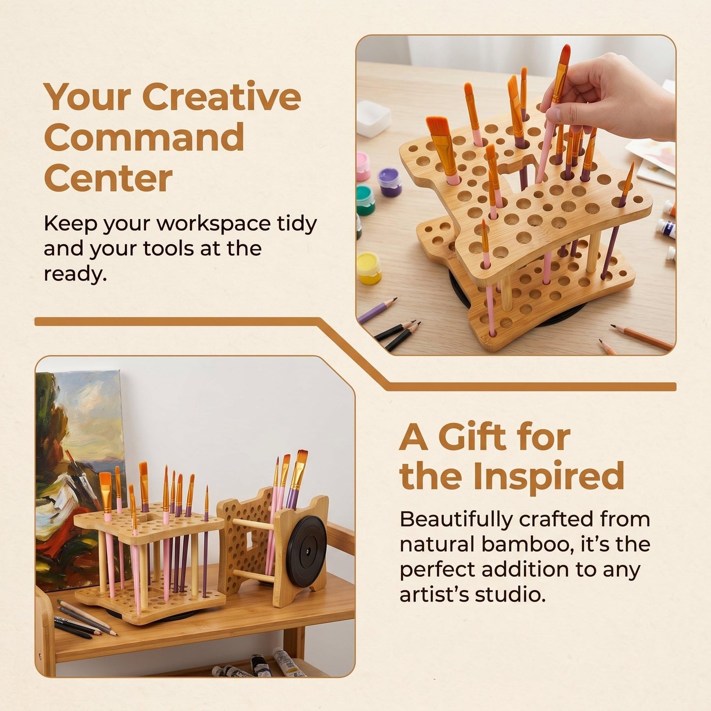 Cedilis 2 Pack Rotating Paint Brush Holder, 59 Holes Bamboo Paintbrush Holder Organizer for Pen, Pencil, Watercolor Brushes, Artist, No Assembly Required