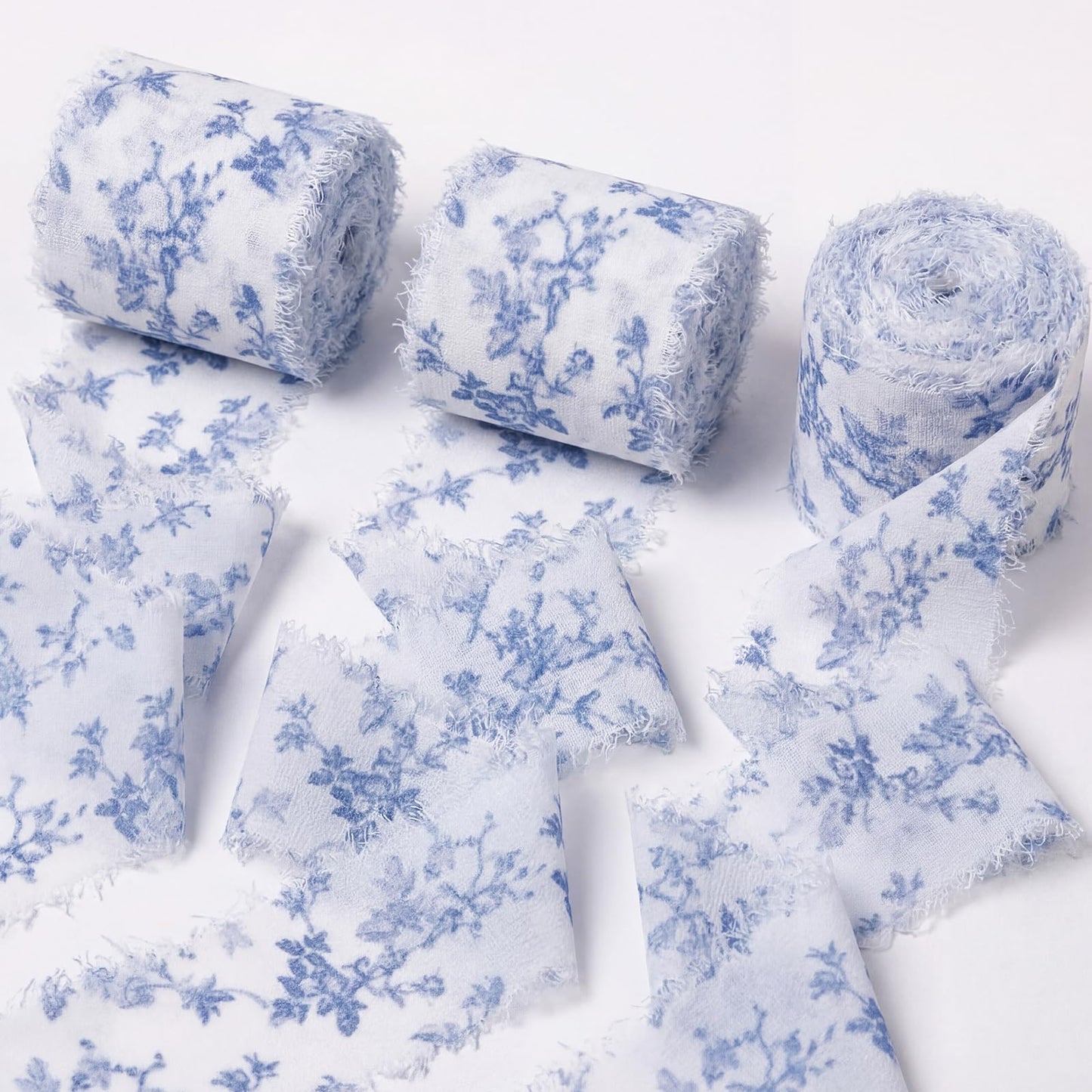 Gilprop Spring Chiffon Ribbon 1.5 Inch x 21 Yards Blue Floral Wired Ribbons Frayed Edges Ribbons for Wrapping Gift Crafts Wreath Bow Making Wedding Party Decoration