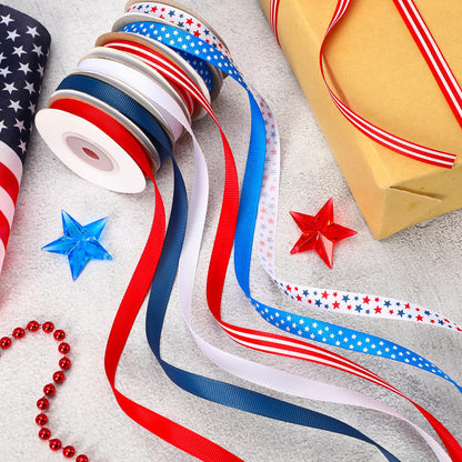 DECYOOL Patriotic Ribbon, 6 Rolls 60 Yards 4th of July Ribbons 10 mm Wide Red White Blue Grosgrain Ribbon Patriotic Stars Stripes Fabric Ribbon for Gift Wrapping DIY Crafts