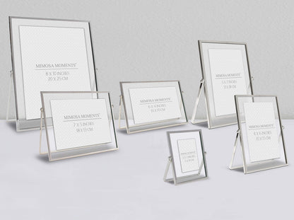 MIMOSA MOMENTS 4x6 Silver Metal Floating Picture Frame, Horizontal Double Glass Tabletop Display, Modern Minimalist Photo Frame for Home & Office Decor