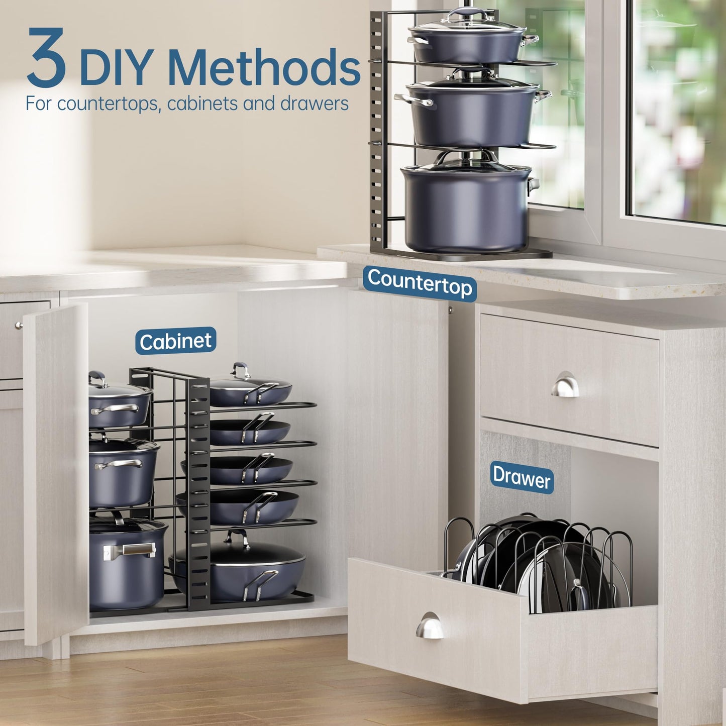 ORDORA Pots and Pans Organizer for Cabinet 16.61'' Height, 8 Tier Pot Organizers Rack with 3 DIY Methods, Adjustable Pan Organizer under Cabinet Kitchen Organization and Storage