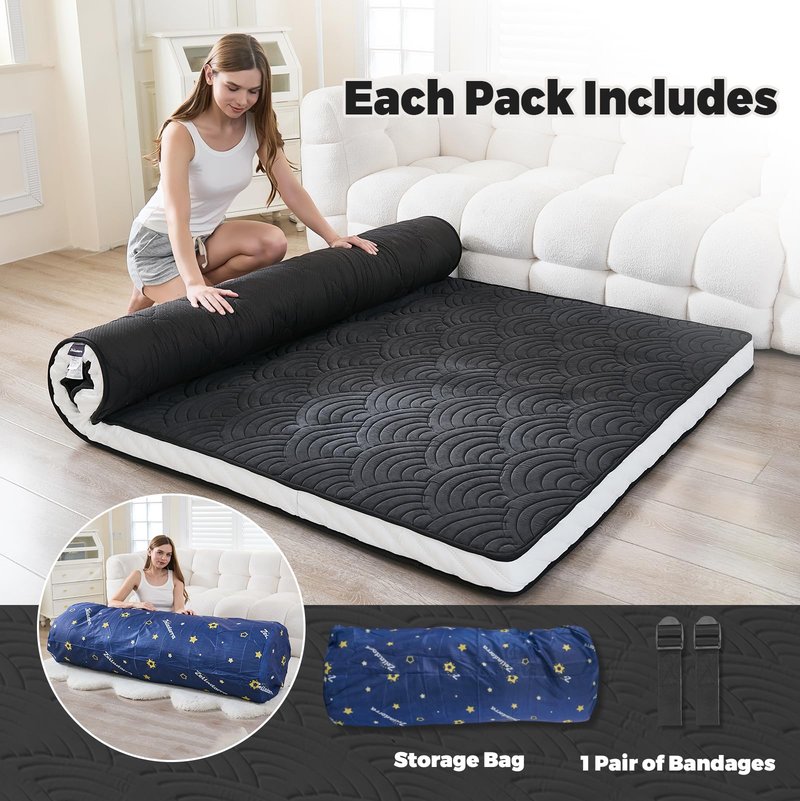 Zelladorra Japanese Floor Mattress, Quilted Futon Mattress with Anti-Slip Bottom, Foldable Floor Bed with Storage Bag and Straps, (Black, Full)
