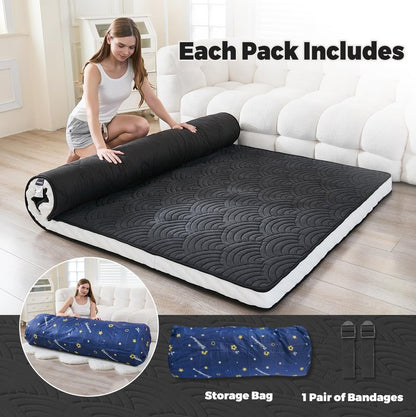 Zelladorra Japanese Floor Mattress, Quilted Futon Mattress with Anti-Slip Bottom, Foldable Floor Bed with Storage Bag and Straps, (Black, Full)