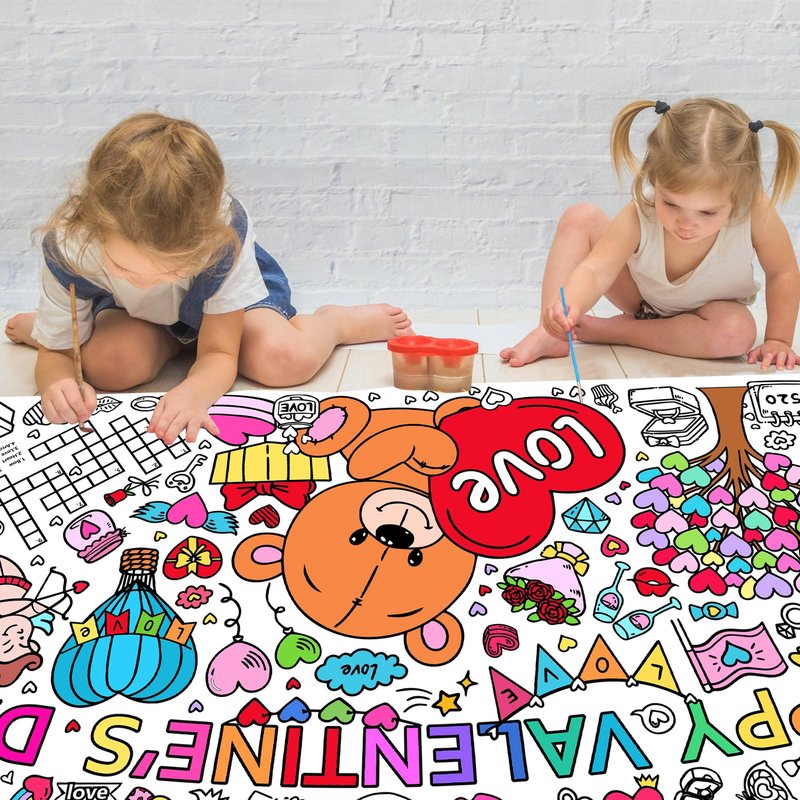 EUVBOKW Giant Valentine's Day Coloring Tablecloth, Large Happy Valentine Coloring Poster for Home Birthday Party Supplies, 30x72 Inches