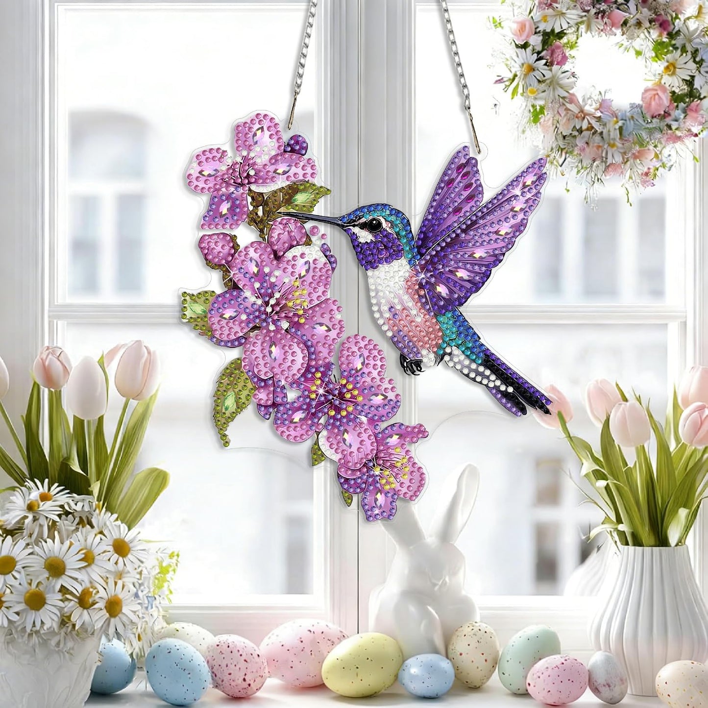 Bird DIY Hanging Diamond Art Kits for Adults Flower, Hummingbird Diamond Painting Kits, Special Shaped Rhinestone, Acrylic 5D Gem Art Craft Window Pendants Home Garden Wall Hanging Ornament Kits