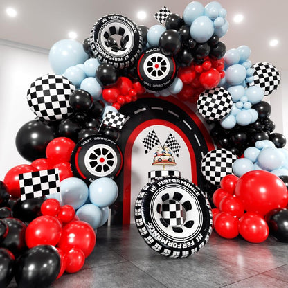 EICUECUE Race Car Balloon Arch Kit - 168Pcs Different Size Balloons Tire Flags Checkered Black Red Blue Balloon Garland Kit for Racing Car Two Fast 2nd Theme Boy Birthday Anniversary Party Decorations