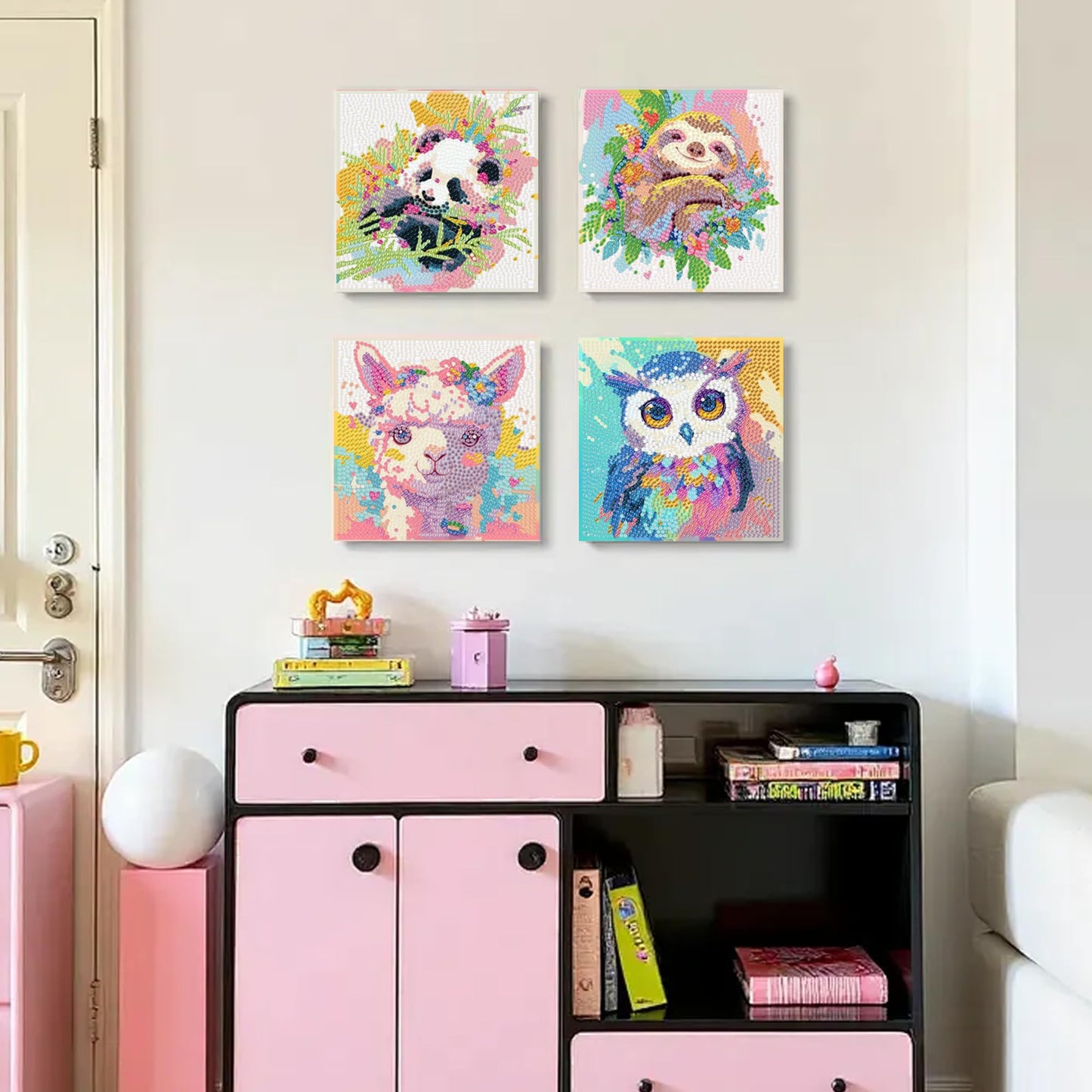 4 Pack 5D Diamond Painting Kits for Kids Ages 3-12 - Each 5.91x5.91 Inch - 4 Animal Designs (Alpaca, Owl, Panda, Sloth) - DIY Educational Toys for Children Girls & Boys to Develop Focus & Creativity