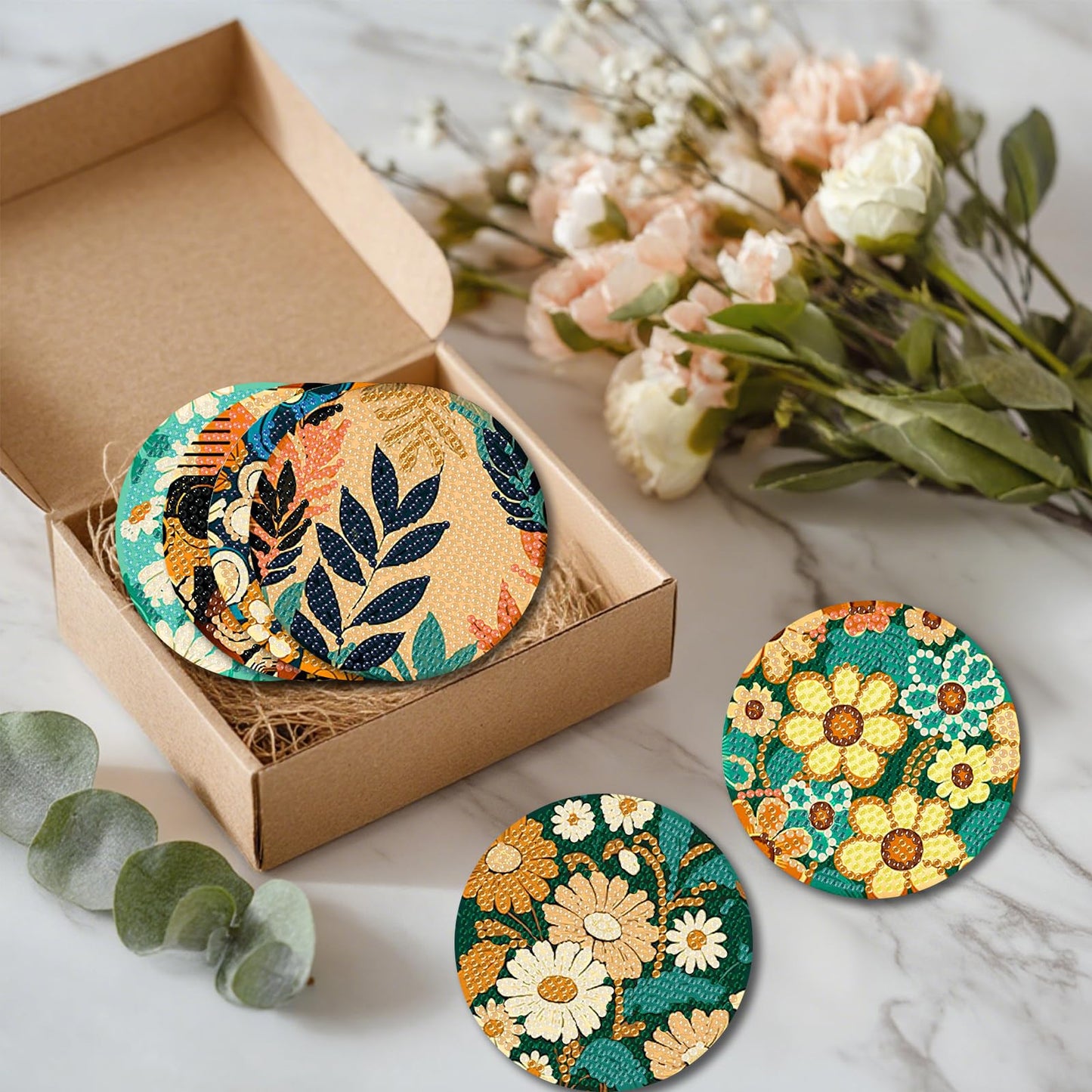 Reivworl 8 Pcs Flowers Diamond Art Coasters Kits, Flowers Diamond Art Kits for Adults, 5D Diamond Painting Coasters (4x4 Inch, with Holder Cork Pads)