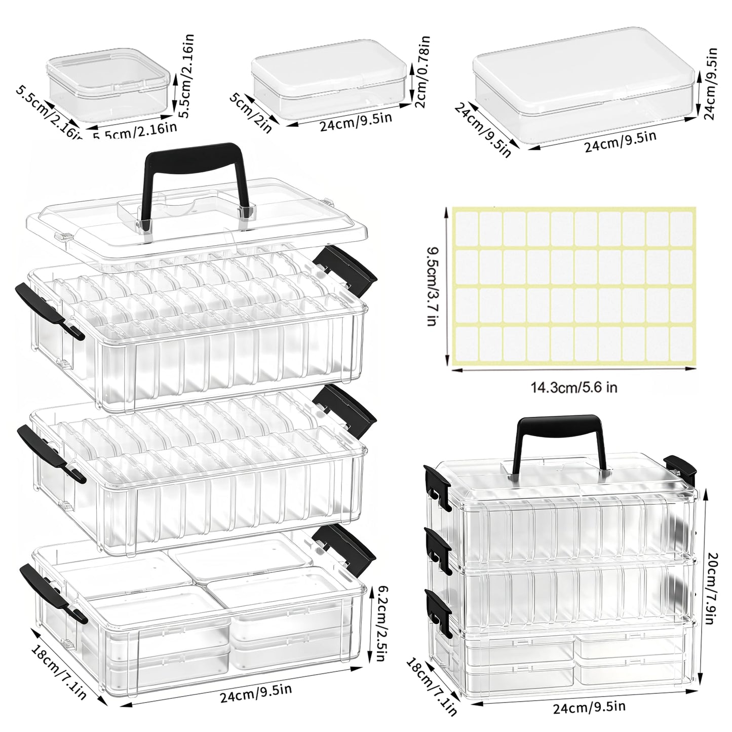 VANSUNS Bead Organizer Box 58 Pcs, 3-Tier Stackable Storage Box, and 3 Different Container Sizes Small Plastic Containers with Lids, Portability, Clear Organizers for Jewelry DIY Craft Storage