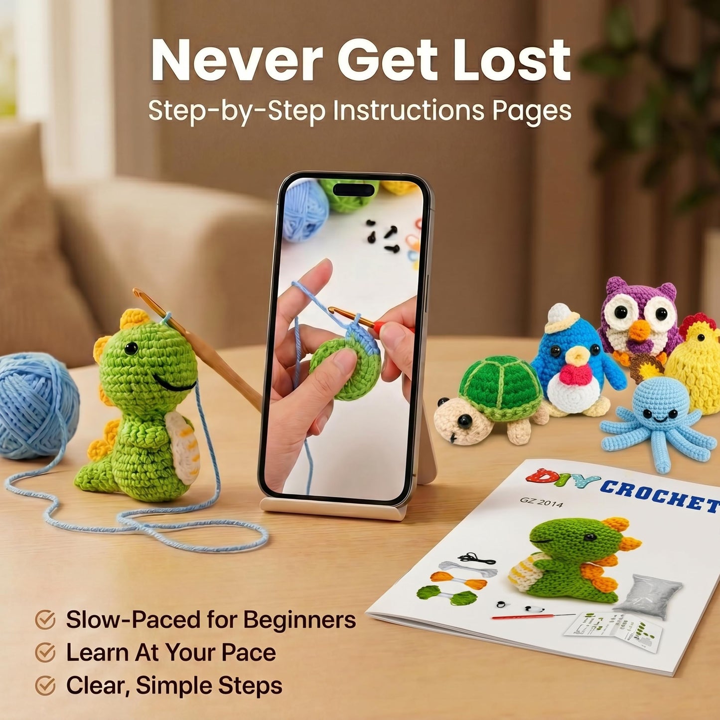 Crochet Kits for Begainners – 6 pcs Animal Amigurumi Set, 6 pcs Zipper Bag, Beginner Crochet Starter Pack for Adults & Kids, Learn to DIY Craft Stitch with Yarn, Hooks, Stuffing & Paper Instructions