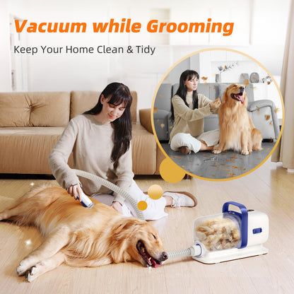 buenkee Dog Grooming Kit with Vacuum, All-in-One Pet Grooming Vacuum for Dogs and Cats, Low Noise Pet Hair Clipper & Shedding Brush, Dog Hair Remover, Cat Pet Groomer Set with Cleaning Brushes, White