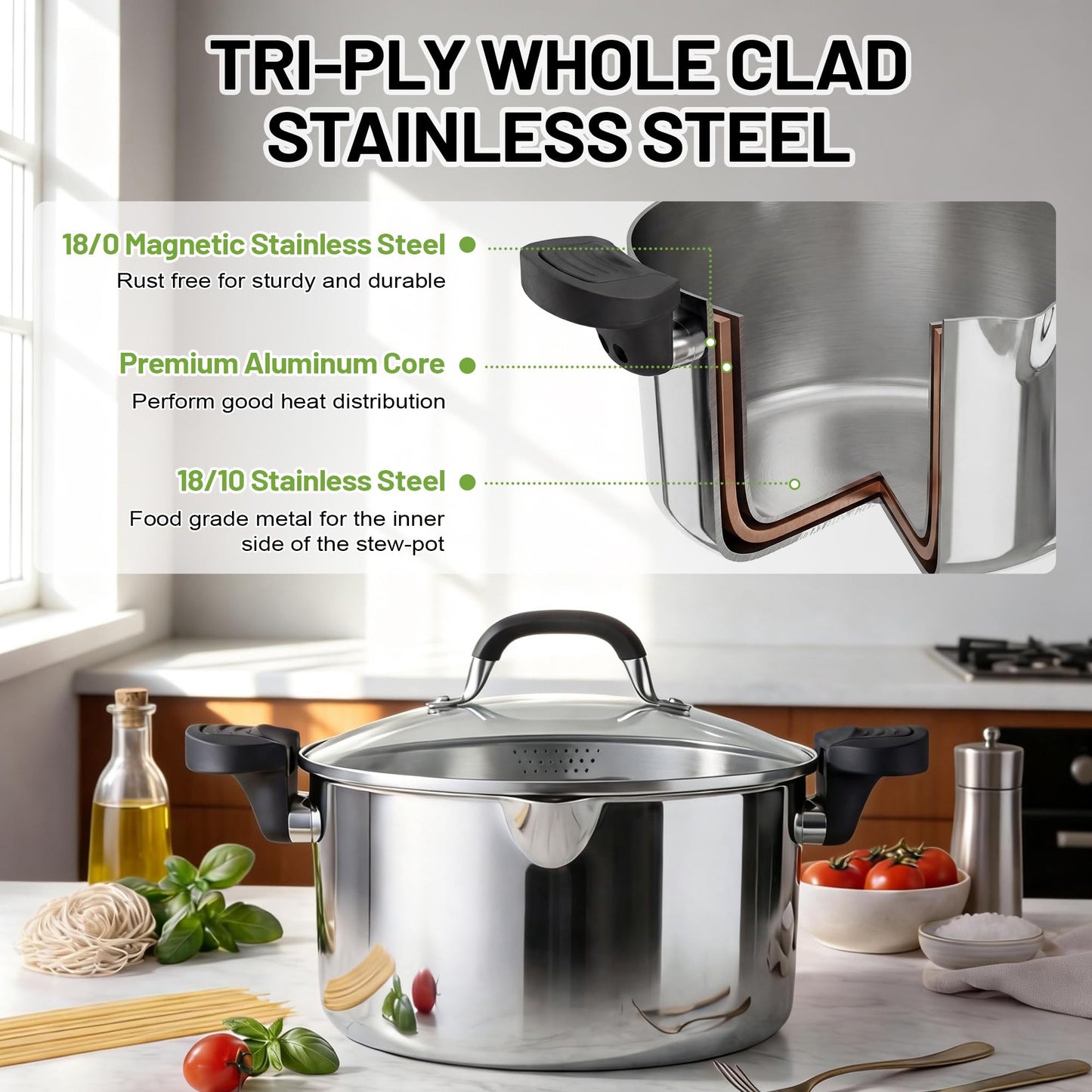 E-far Pasta Pot with Strainer Lid, 6 Quart Tri-Ply Stainless Steel Stock Pot & Push and Lock Handles, Non-toxic Multipurpose Cooking Pot for All Cooktops, Heavy Duty & Dishwasher Safe