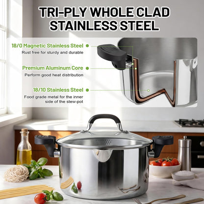 E-far Pasta Pot with Strainer Lid, 6 Quart Tri-Ply Stainless Steel Stock Pot & Push and Lock Handles, Non-toxic Multipurpose Cooking Pot for All Cooktops, Heavy Duty & Dishwasher Safe
