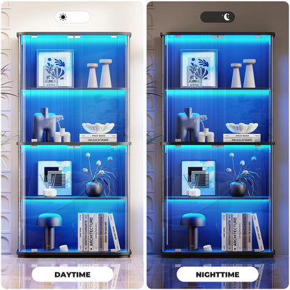BROTTAR Rounded Display Cabinet with Glass Door, 4-Tier Curio Cabinet with Transparent Full-Display Surface for Collectibles, Glass Display Case with 3 Color Lights, Human Body Sensor, Black