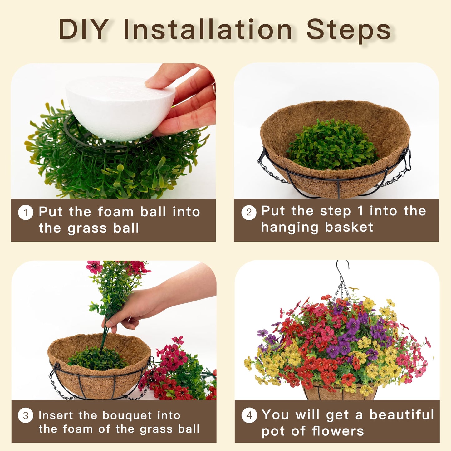 Senjie 2 Set Artificial Hanging Flowers with Basket for Outdoor Decor, UV Resistant 24 Bundles Faux Flowers Fake Hanging Planter for Porch Patio Balcony