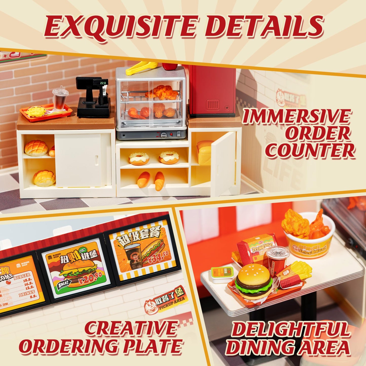 ROBOTIME Miniature House Kit DIY Plastic House Building Toy Set with LED Tiny Store Making Kit Model Craft Hobby Unique Gift (Yum Yum Burgers)