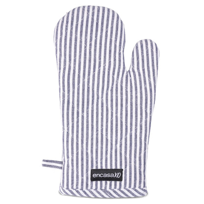 Encasa XO Long 12"x7" Oven Microwave Hand Gloves Mitts (2 pc Set) for Kitchen Cooking & Baking - Heat Resistant, Thick & Safe, Protection of Hands from Hot Utensils - Ticking Navy Blue