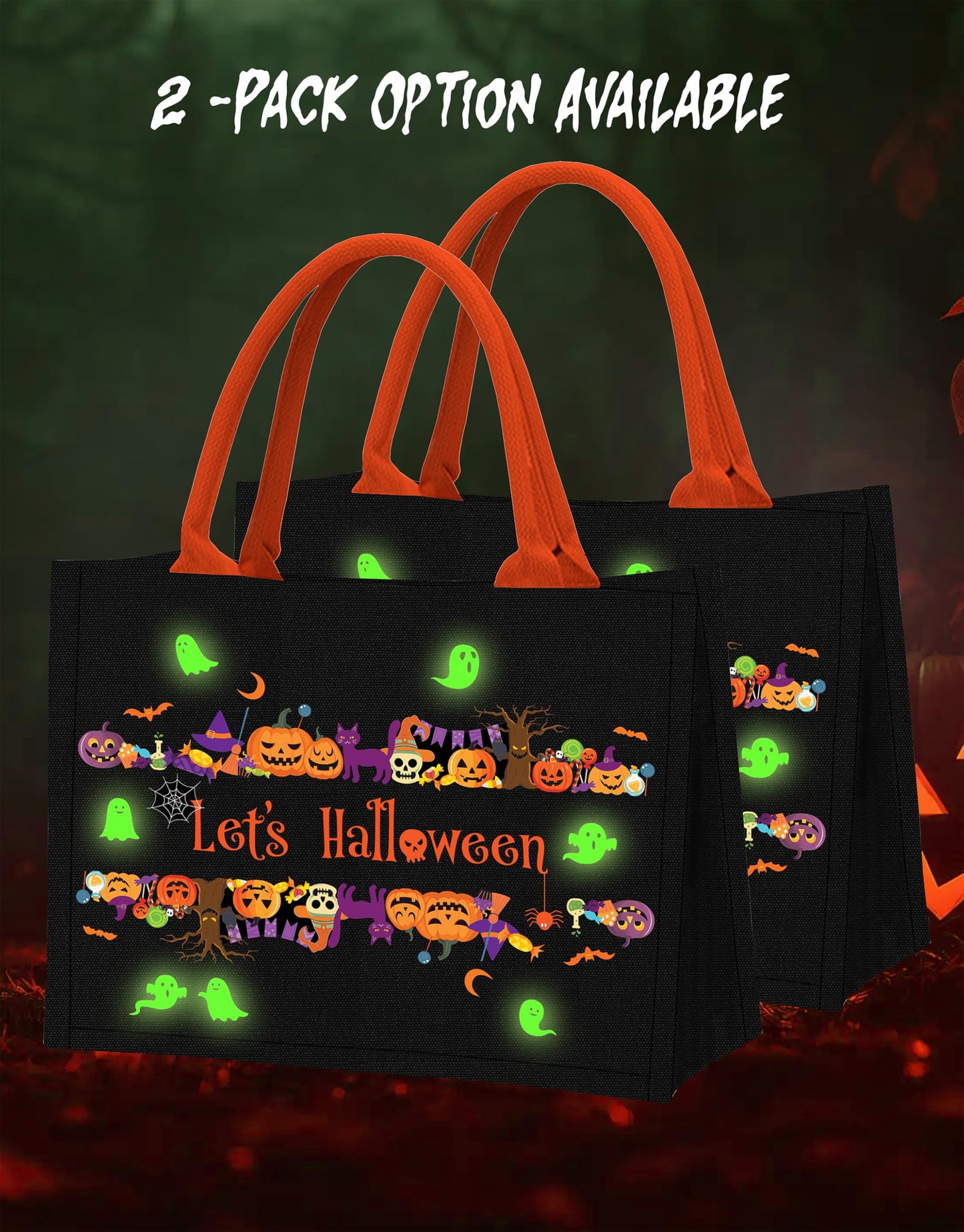 Let's Tote Halloween Canvas Candy Tote Bag With Handle, Ghosts Glow In The Dark, Great Pumpkin Halloween Party Gift. Reusable Bag for Trick or Treat, Candy Bucket. (Large 1-Pack)