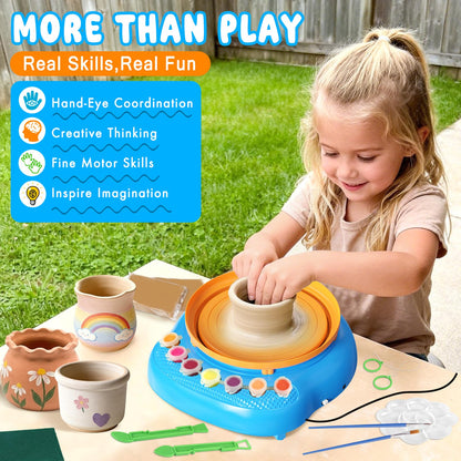 Pottery Wheel for Kids Complete DIY Pottery Painting Kit, Arts and Crafts for Kids Ages 8-12 with 3 Air-Dry Clay Packs and Tools, Art Supplies Toys Birthday Easter Gift for Boys Girls 6+ Years Old