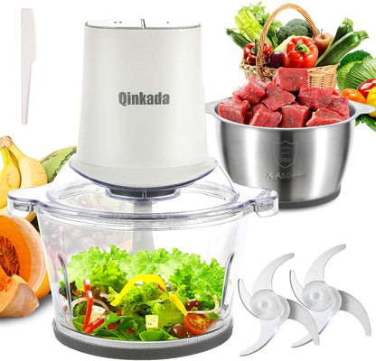 Food Processor Electric with 2 Bowls, 400W Meat Grinder, 8Cup Glass & 304 Stainless Steel, 2 Blades, Spatula (White)