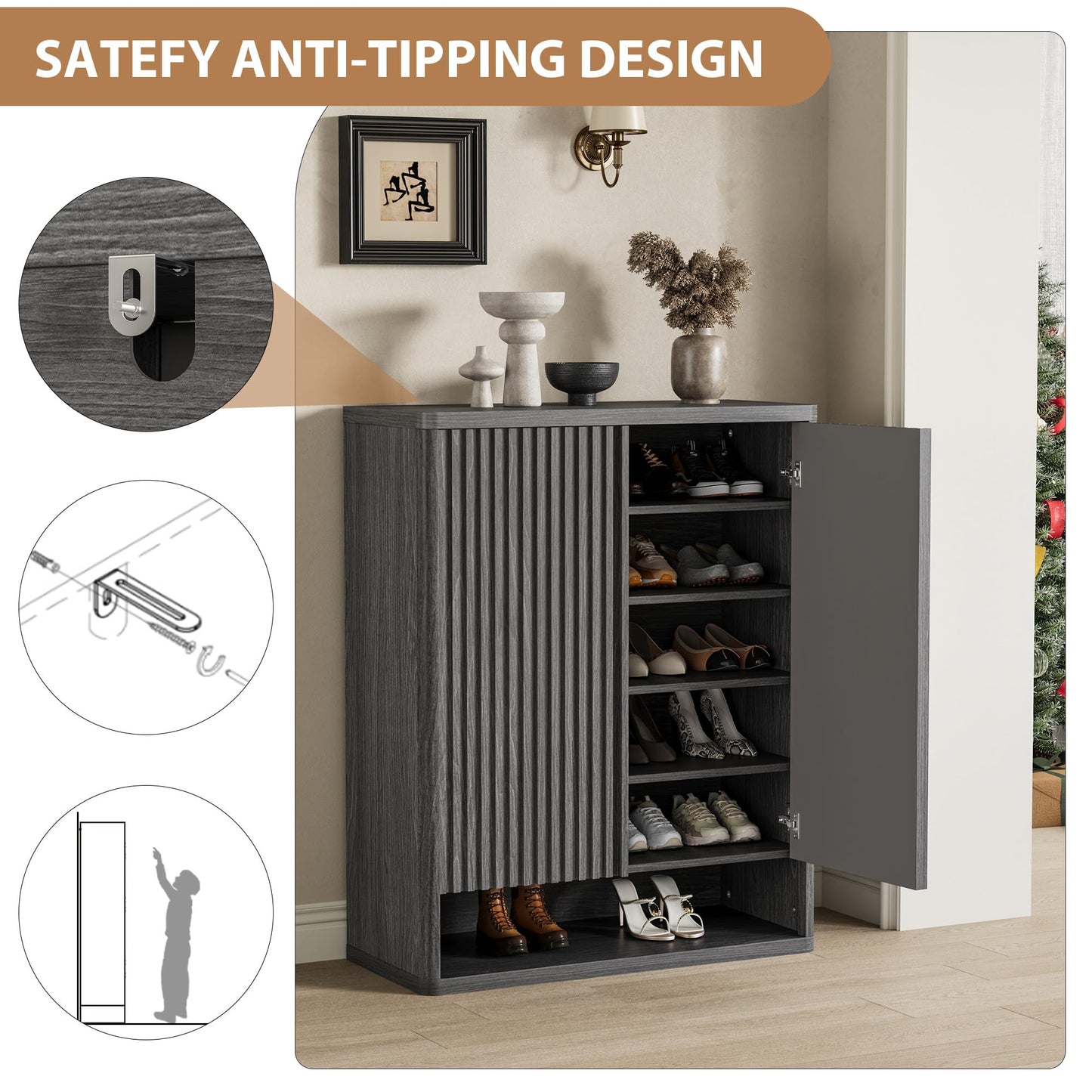 Garvee 31.5 Inch Shoe Cabinet, Large Shoe Storage Cabinet with Adjustable Shelves, Wooden Shoe Organizer with Fluted Door Holds 25–30 Pairs for Entryway & Living Room,Grey