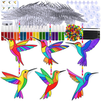 Winlyn 24 Sets Hummingbird Suncatcher Decorations DIY Window Paint Art Craft Kits Rainbow Bird Painting Kit for Kids Classroom Activities Birthday Spring Summer Camping Party Art Project