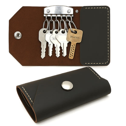 TheAntiq Genuine Leather Key Organizer Wallet – Compact Key Holder Case with 6 Hooks & Cash Pocket, Snap Closure Keychain with Carabiner for Car & Home Keys, Brown