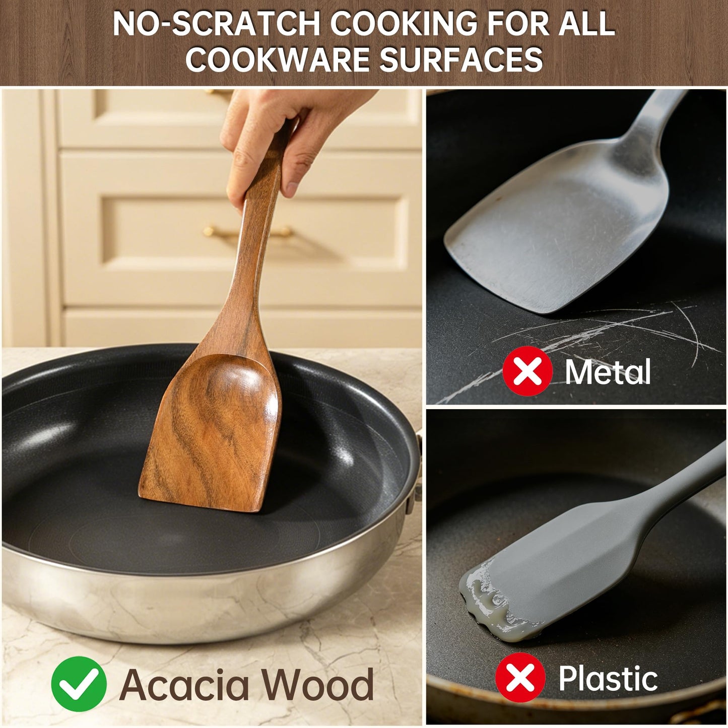 FYCTIO Wooden Utensil Set 8 PCS - Natural Non-Toxic Acacia Wooden Spoons for Cooking, Nonstick, Sturdy,Easy to Clean, Wood Kitchen Utensils Set with Holder, Spoon Rest, Ideal for Gifting
