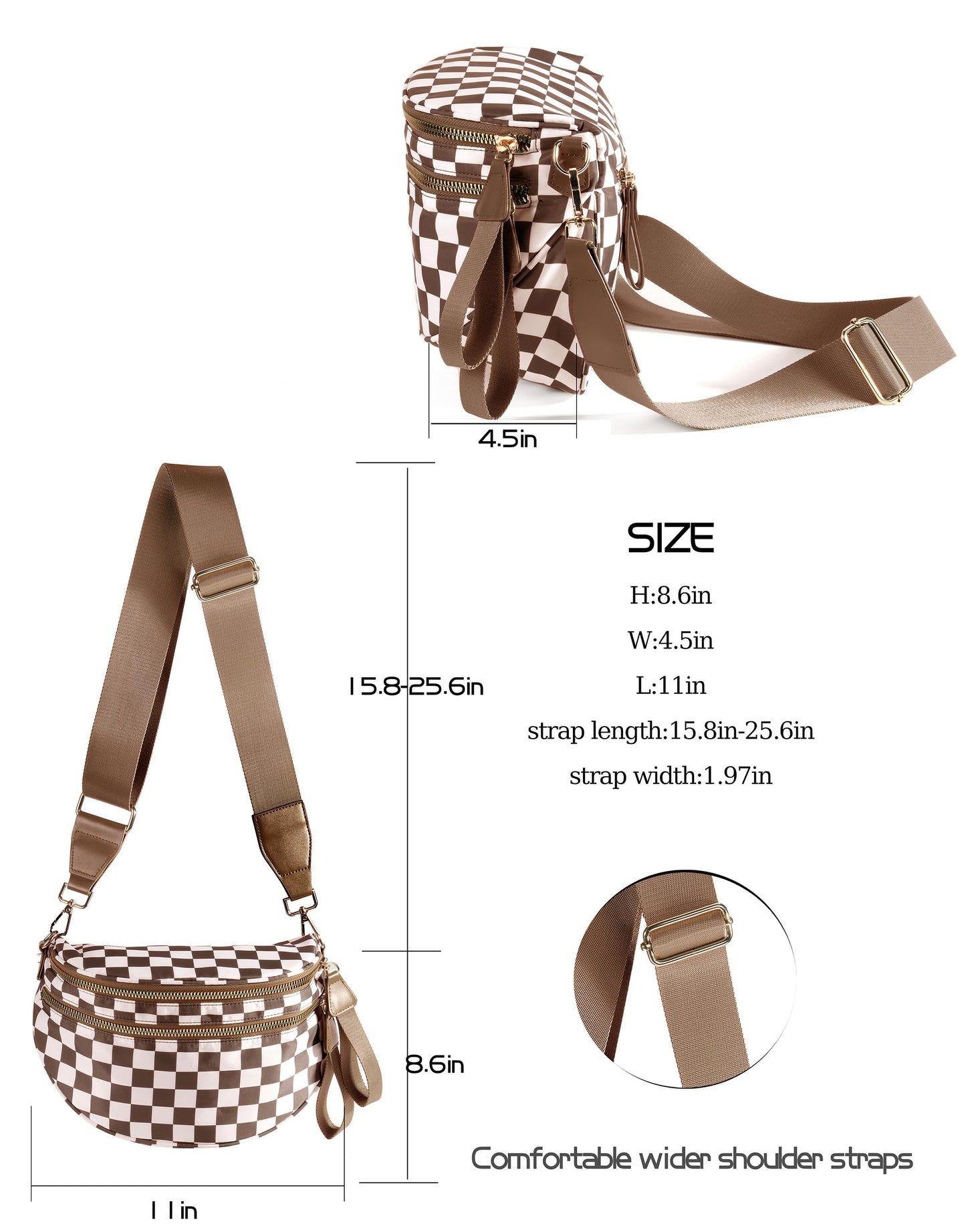 Spacious Checkered Nylon Crossbody Bag Bum Bag Checkered Handbags Wallets for Women