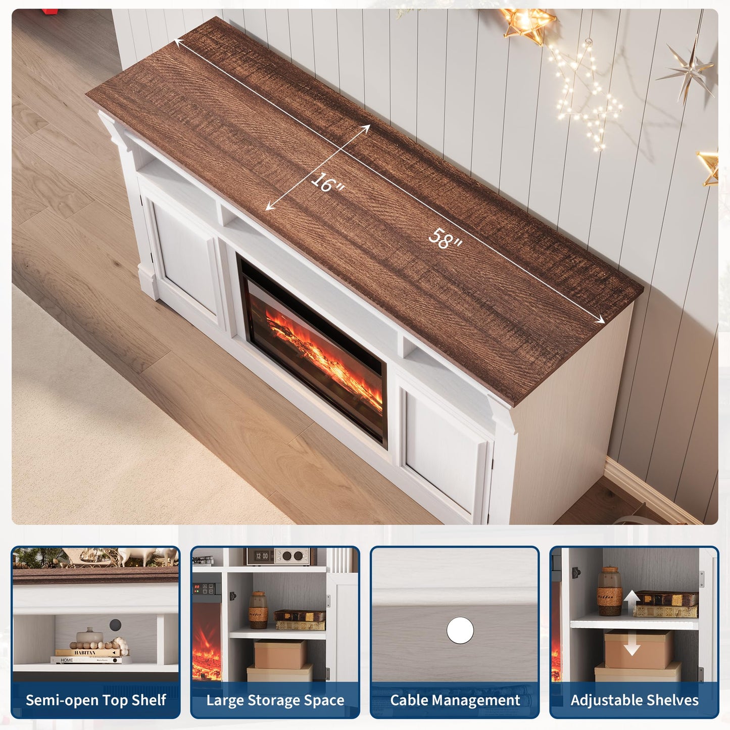 GarveeHome 58" Farmhouse Electric Fireplace TV Stand for TV Up to 65", Entertainment Center Console Table with Open Storage Shelves and Cabinets for Living Room