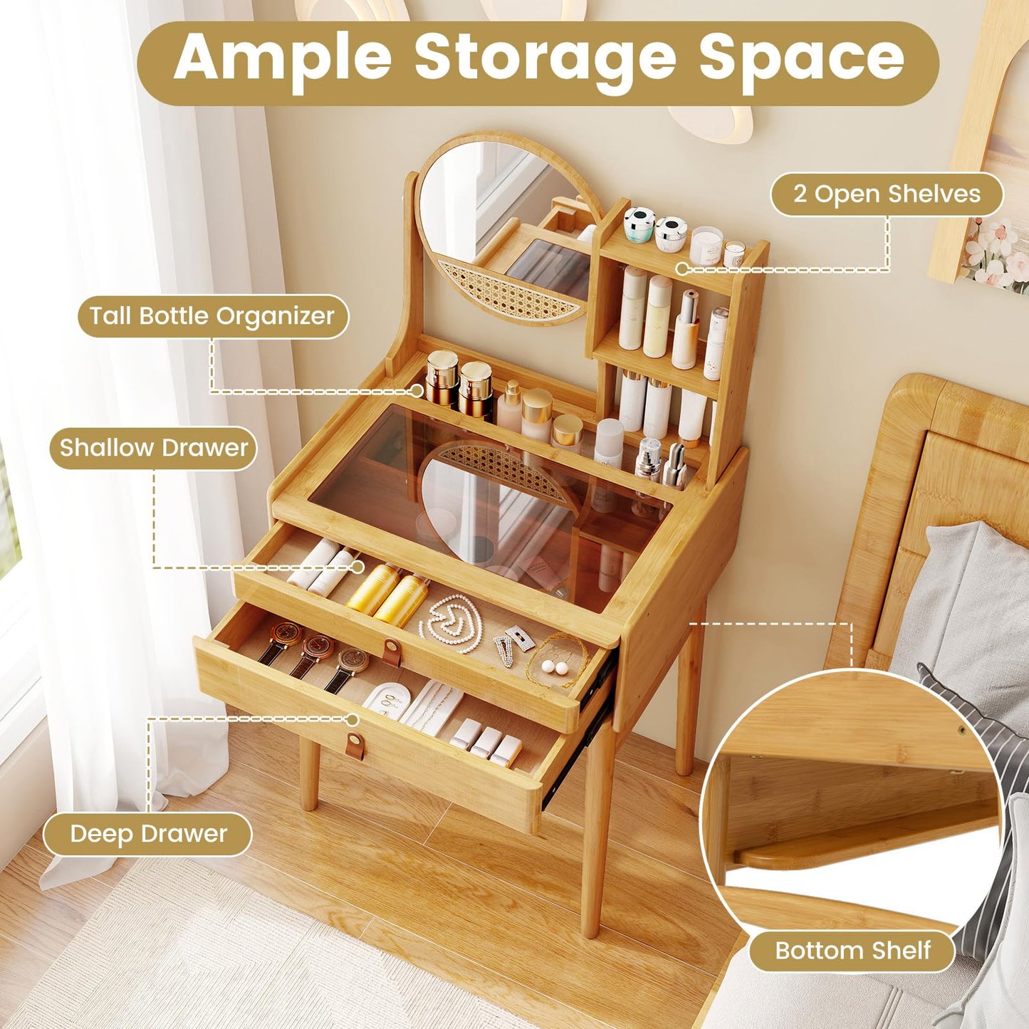 CHEFJOY Boho Vanity Desk with Mirror, Bamboo Makeup Vanity Table & Stool Set w/ 2 Storage Drawers, Hutch Shelves & Tempered Glass Table Top, Small Dressing Table Set for Bedroom