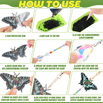 Tradder 6 Pcs Butterfly Diamond Art Wind Chimes for Summer Tree Decoration Diamond Art Kit with Crystal Pendant Make Your Own Keychains 5d DIY Home Garden Hanging Ornament