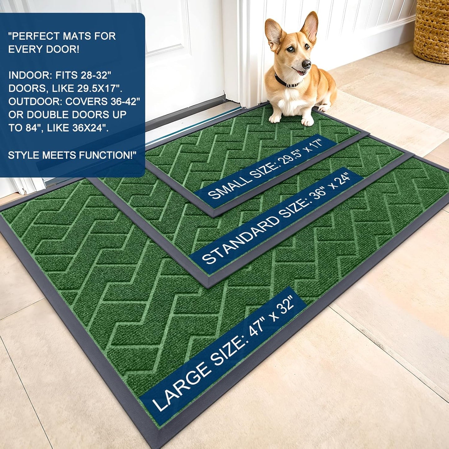 OLANLY Waterproof Front Door Mat - All-Season Sturdy Natural Rubber | Low Profile Herringbone Design (Green, 29.5x17)
