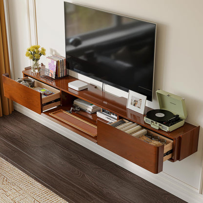 FurniNova Fully Assembled Floating TV Stand Wall Mounted 47'',High Gloss Floating Media Console with 2 Drawers & Rattan Door, Under TV Shelf for Living Room Bedroom Entertainment Center,Walnut