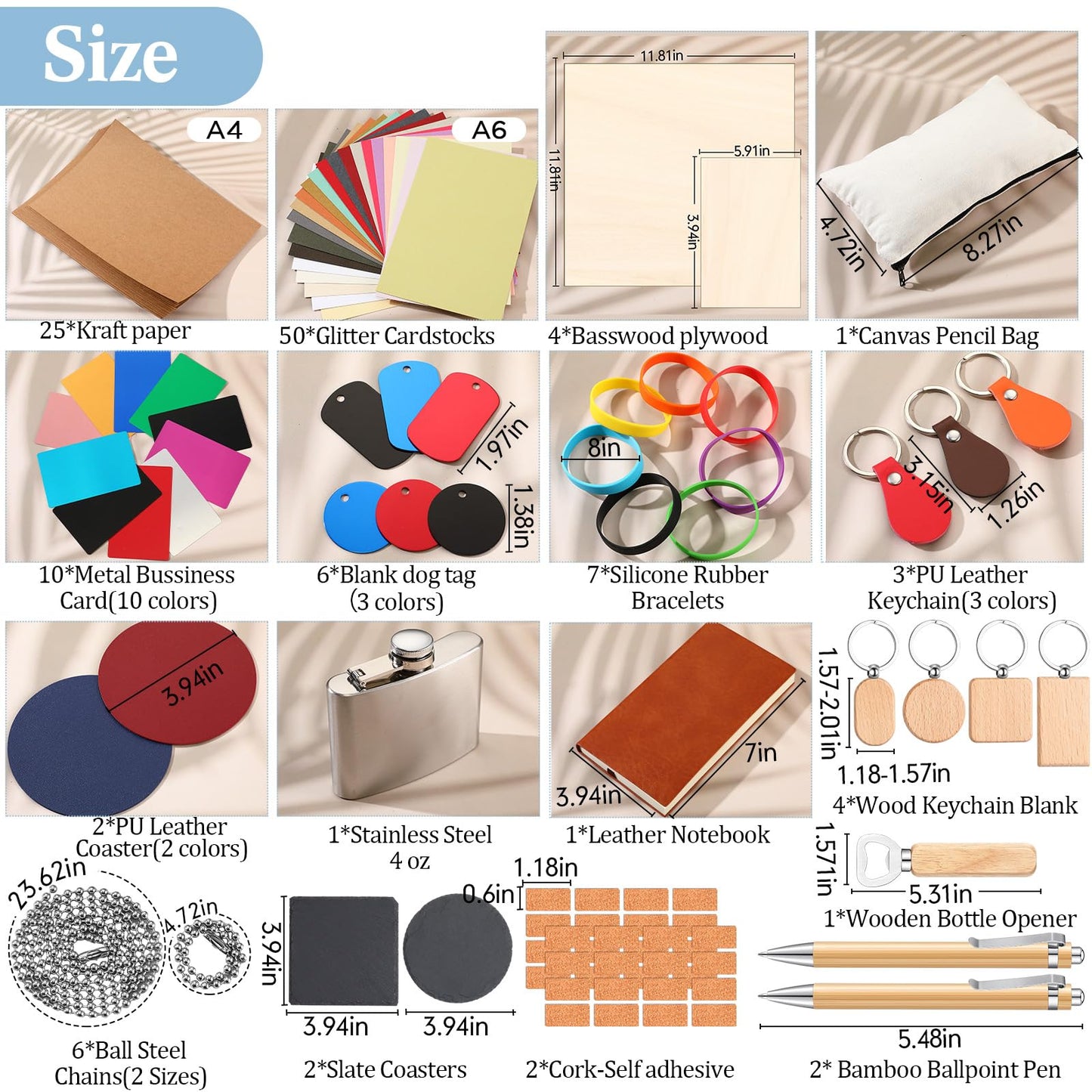 Dunzoom 127 Pcs Laser Material Kit Laser Cutting Engraving Materials Accessories Including Wood, Metal, PU Leather, Fabric, Glass, Rock, Rubber for Cutters Engraving Supplies