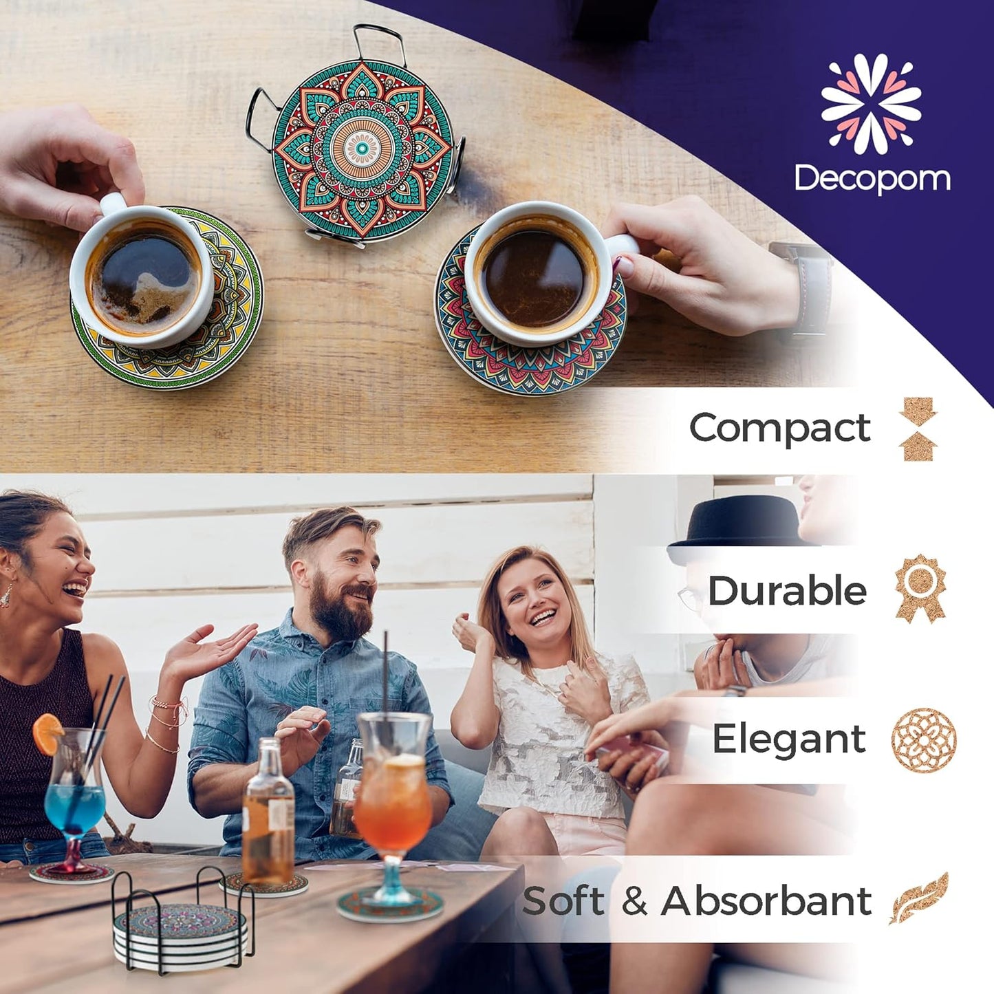 8 Set Mandala Drink Coasters with Holder - Ceramic Boho Coaster for Drinks Absorbent with Cork Base and Black Holder