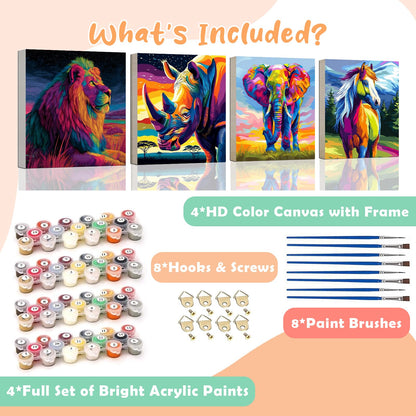 4 Pack Paint by Numbers Kit for Kids Easy Kid Paint by Number Kits Ages 8-12 Horse DIY Painting Kits for Kids Age 4-8 Beginner Paint by Number Canvas with Frame Children Color by Numbers Kit 8x8 Inch
