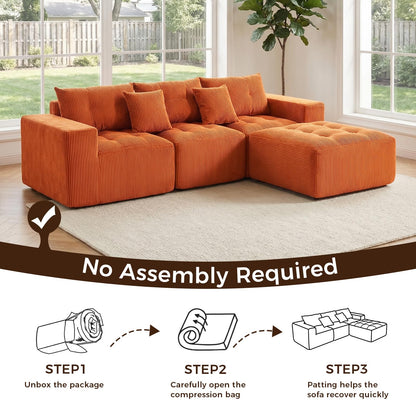 KEIKI 101" L-Shaped Modular Sofa, 3-Seater Compression Cloud Couch with Movable Ottoman, Corduroy Fabric Deep Seat Sectional, No Assembly Convertible Sofa for Apartment Small Living Room