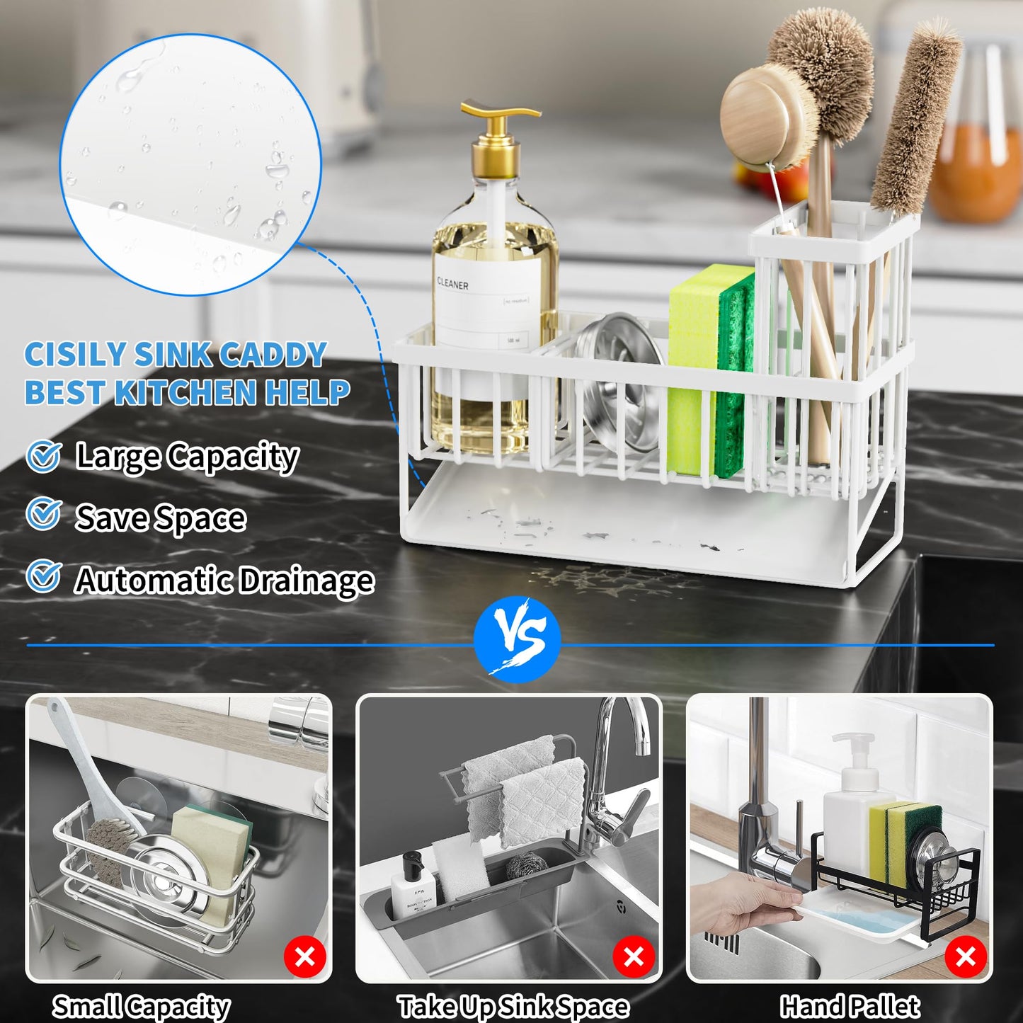 Cisily Sink Caddy Sponge Holder - Stainless Steel Rustproof, High Brush Holder, Dish Sponge Organizer with Divider (White)