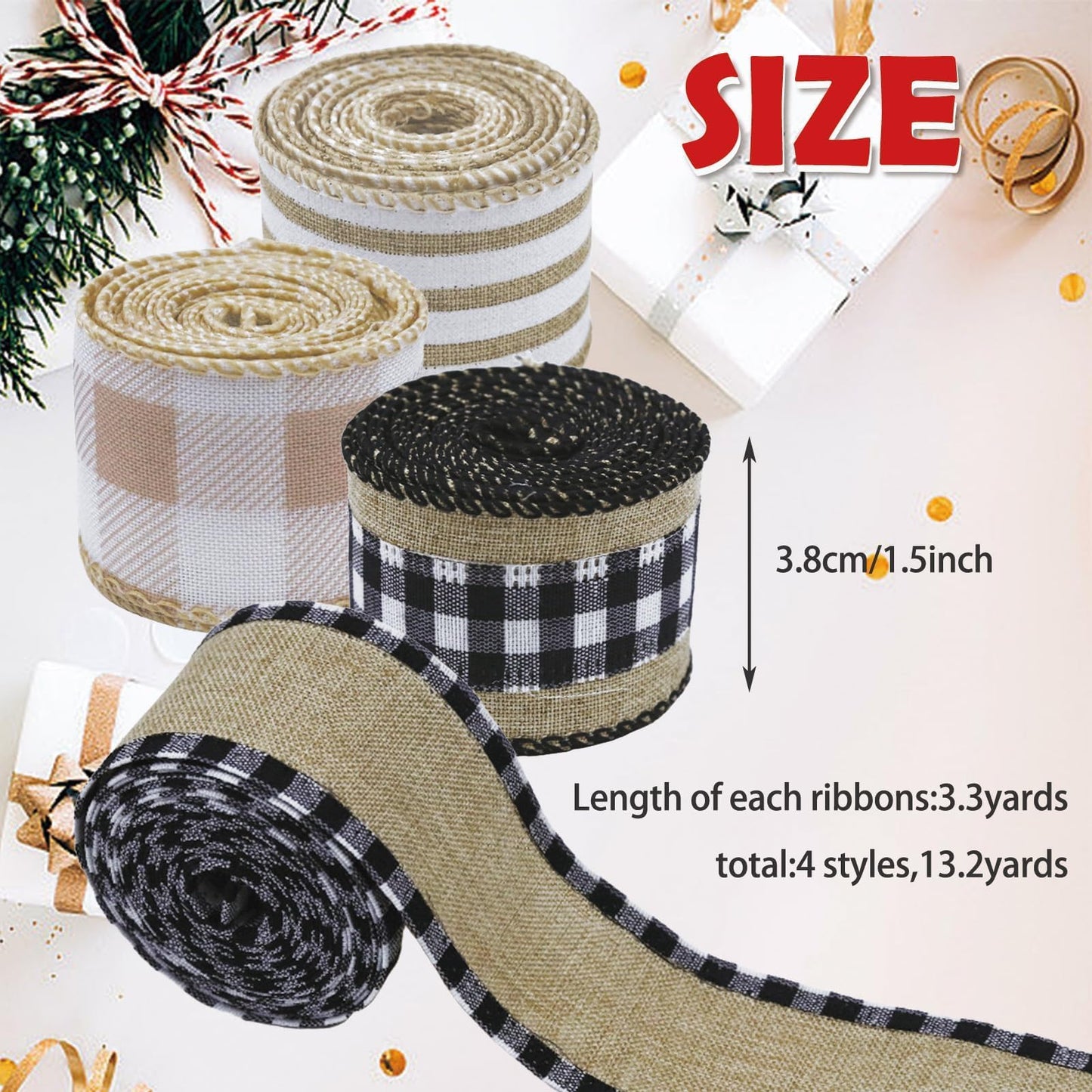 4 Rolls Winter Burlap Checked Ribbon Wire Border Christmas Holiday DIY Present Butterfly Floral Craft Decor 1.5 Inches Wide 13.2 Yard (Natural)
