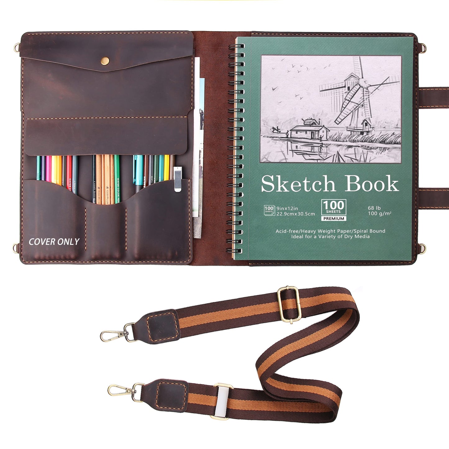 Robrasim Handmade Leather Sketchbook Cover, Artist Sketch Pad Holder for 9"X12" Sketchbook, Drawing Book and Pencil Case, Journal Notebook Portfolio with Shoulder Strap, Artist Gifts, Coffee