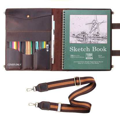 Robrasim Handmade Leather Sketchbook Cover, Artist Sketch Pad Holder for 9"X12" Sketchbook, Drawing Book and Pencil Case, Journal Notebook Portfolio with Shoulder Strap, Artist Gifts, Coffee