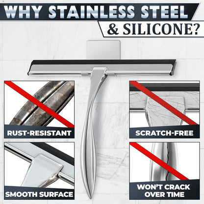 12" Shower Door Squeegee with Adhesive & Hanging Hooks, Silicone Blade - Stainless Steel All-Purpose Squeegee
