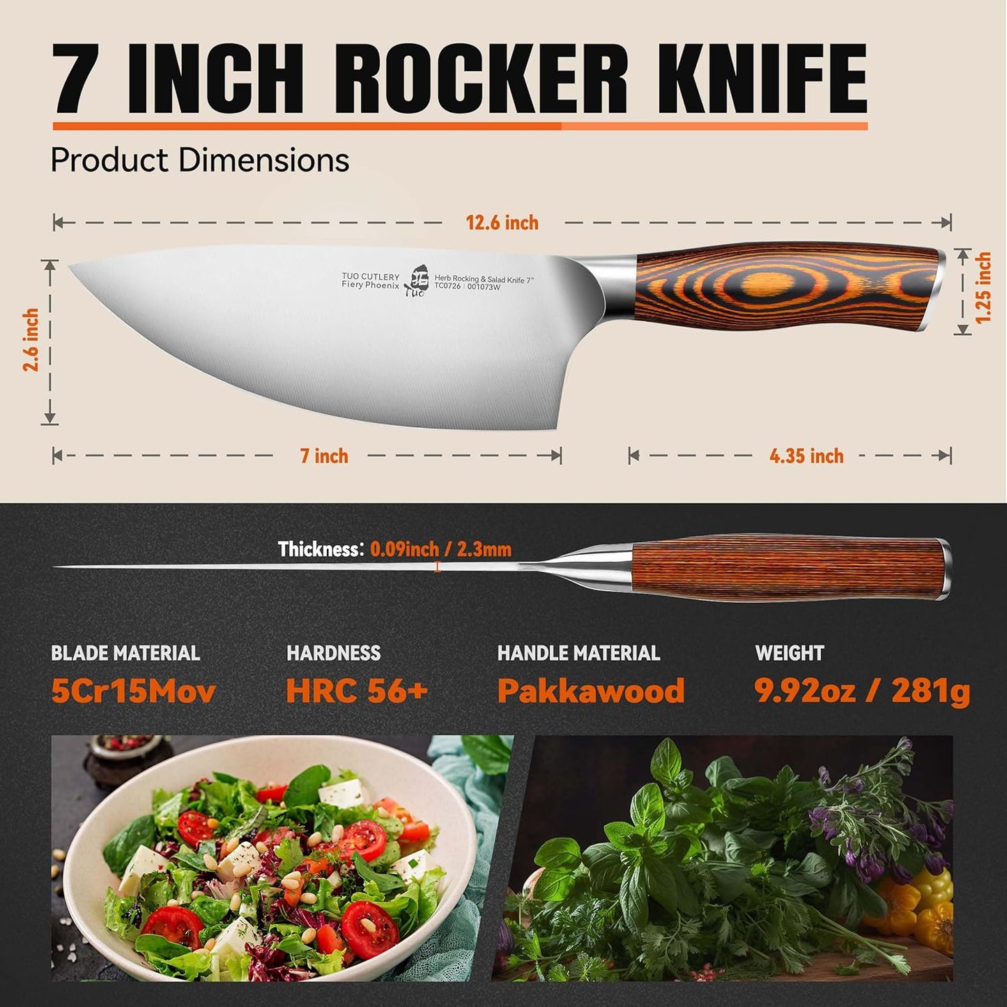 TUO Rocker Knife, 7 inch Salad Chopper Chef Knife for Herb Rocking and Veggie Chopping
