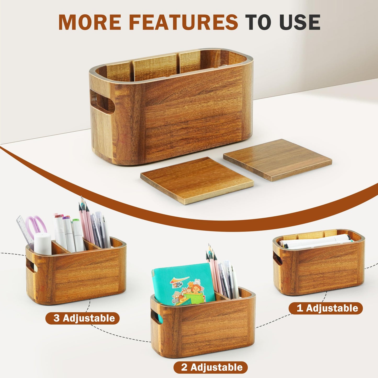 SWKHDKX Acacia Pencil Pen Holder for Desk, Wooden Office Organizer with 3 Slots for Countertop, Makeup Brush Holder Remote Control Organizer for School Home Supplies
