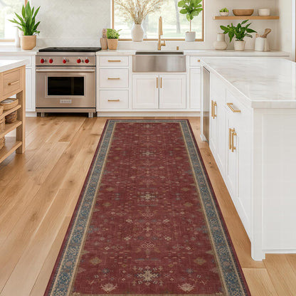 Skiennix Dark Red Hallway Runner Rug - 10ft Washable Non-Slip Indoor Mat | Soft Low Pile Boho Floral Design